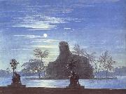 Karl friedrich schinkel The Garden of Sarastro by Moonlight with Sphinx,decor for Mozart-s opera Die Zauberflote china oil painting artist